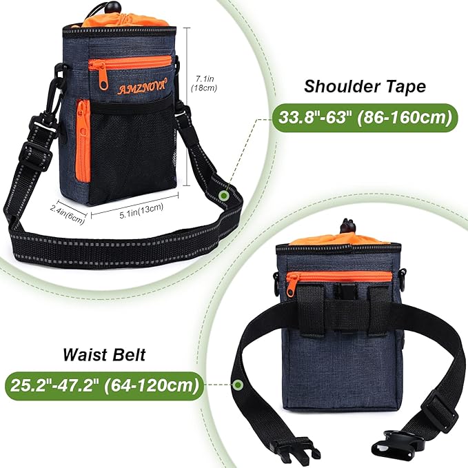 AMZNOVA Dog Treat Bag Treatkit Dog Treat Pouch, Waist Clip On Crossbody Fanny Pack for Pet, Training Pouch with Shoulder Strap & Waist Belt for Walking & Training, 6Cups, Heather Navy