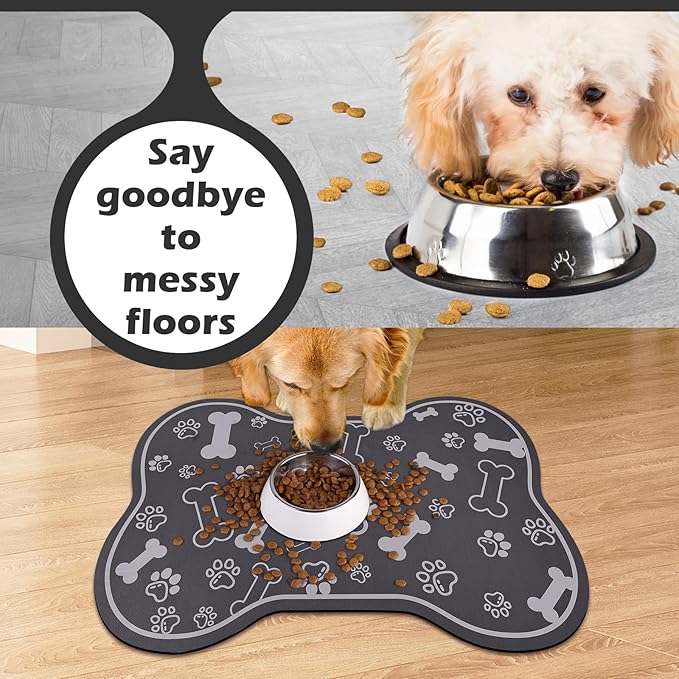 Dog Cat Food Mat,Rapid AbsorbentPet Feeding Mat, Bone Shaped Dog Placemat Water Bowl Mat with Rubber Backing,No Stains Dog Cat Food Mats Indoor, Pet Accessories Supplies 17""×29"" Dark Grey