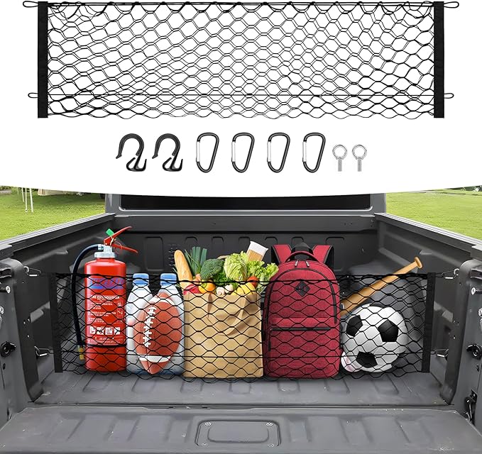 Trunk Cargo Net for 2020-2026 Jeep Gladiator Accessories Envelope Style Mesh Trunk Net Organizer and Storage Stretchable Adjustable Elastic Nylon Rear Cargo Netting with Hooks