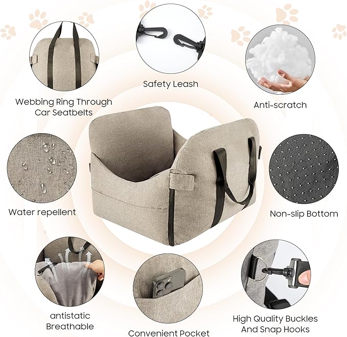 Dog Car Seat for Small/Medium Dogs.Water Repellent with Storage Pockets.Doubles as a Pet Travel Bed for Dogs Up to 40 lbs. Machine Washable Dog Carrier- Brown