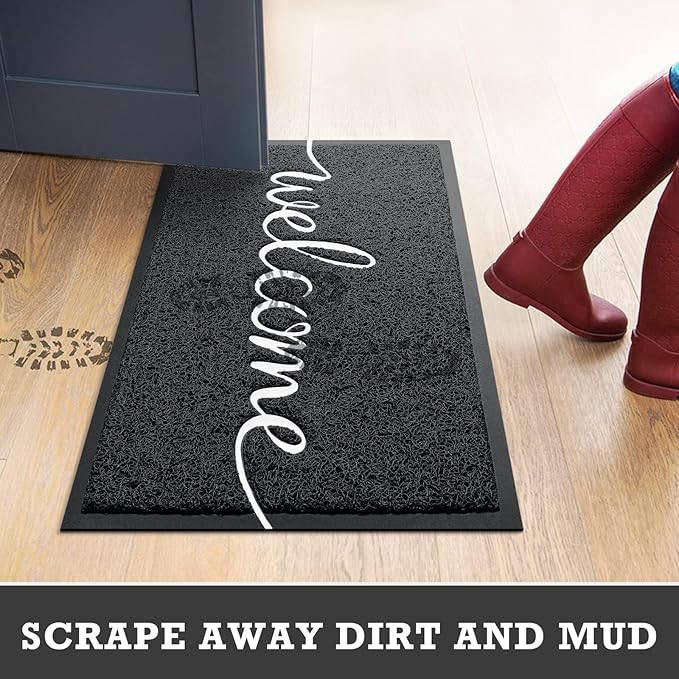 Black Door Mat Welcome Mats Outdoor Indoor Non-Slip Doormat for Entryway Low-Profile Floor Mat for Yard, Garage, High Traffic Areas (30"x17.5", Black)