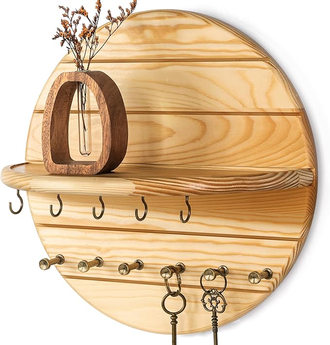 Rebee Vision Pine Wood Key Holder Wall Mount Decorative – Round Wooden Rustic Key Holder for Wall with 11 Hooks and Floating Shelf– Circular Mail Organizer for Home Decor, Living Room (Natural Wood)