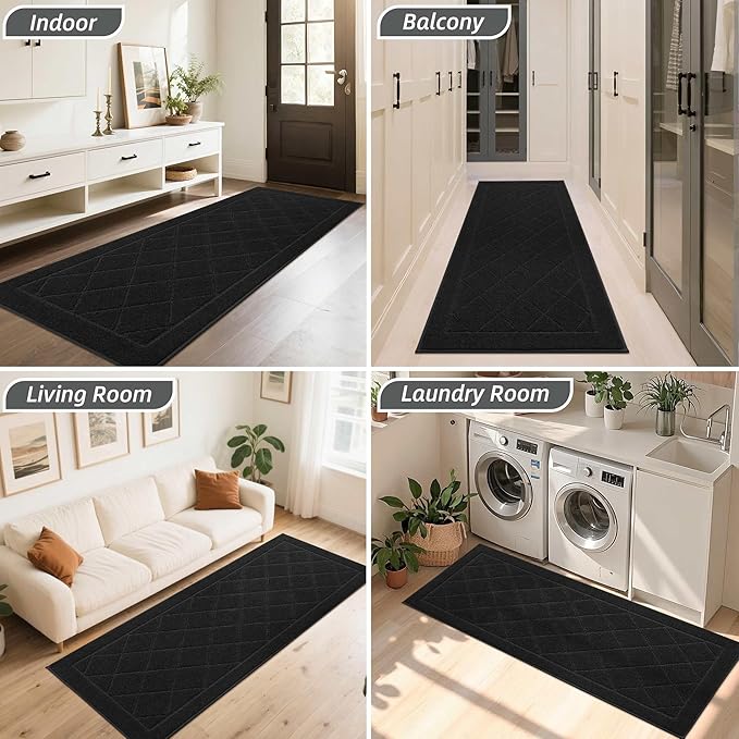 BEQHAUSE Dirt Trapper Door Mat 24" x 60", Doormat Non-Slip Entryway Rugs Washable, Dog Door Mat Stain Resistant and Absorbent Welcome Floor Mat for Front Back Door, Mud Wet Shoes & Paws, Black