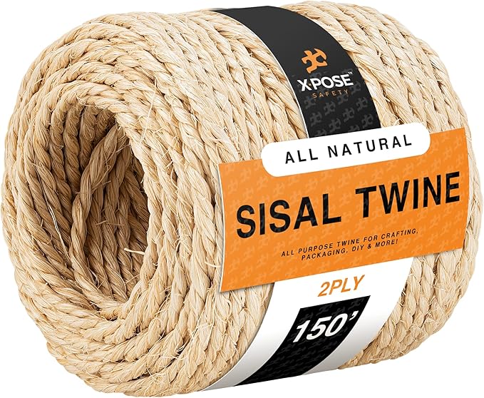 Sisal Twine - Thin Natural Fiber Rope on Spool - Rope for Cat Scratching Post, Cat Tree Replacement Parts, Pet Toy - Decorative Cordage, Pole Wrap (1, 2 Ply 150ft)