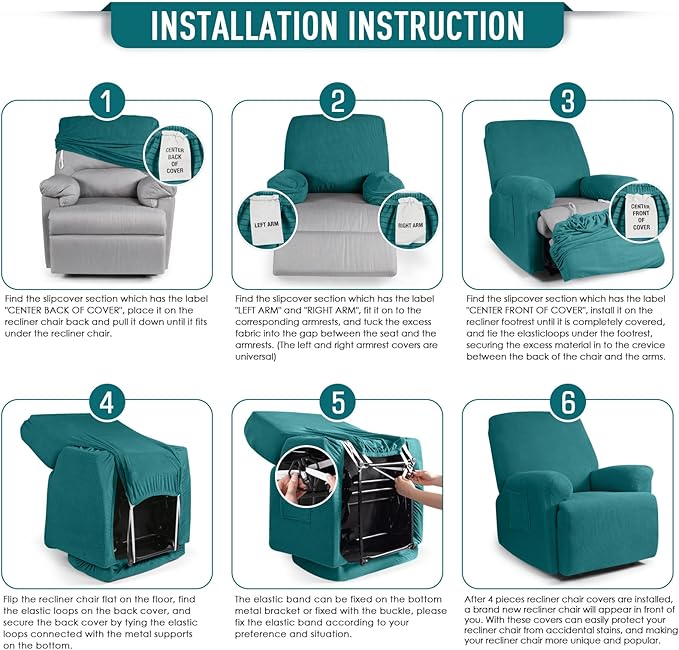TAOCOCO Oversized Recliner Chair Covers, 1 Seater Streach Recliner Covers Soft Couch Protector Furniture Protector Covers with Elastic Chair Cover Jacquard Pattern (Peacock Blue)