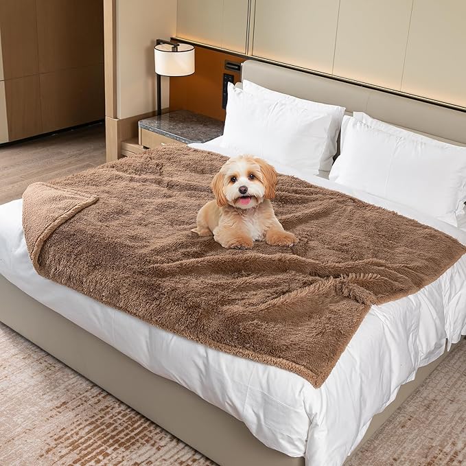 Wowchine Brown Dog Blanket Waterproof Calming Pet Blankets Fluffy Long Faux Fur Pets Couch Throw Blankets for Cat Love Bed Cover Washable(Brown,M-57x40in)