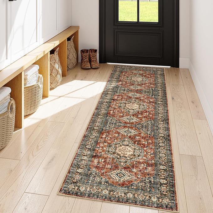 Lahome Oriental Washable Kitchen Runner Rug, 2x6 Carpet Runners for Hallway 6ft Non Skid, Vintage Soft Hallway Rug for Bathroom Bedroom Entryway Eleanor, Brick Red