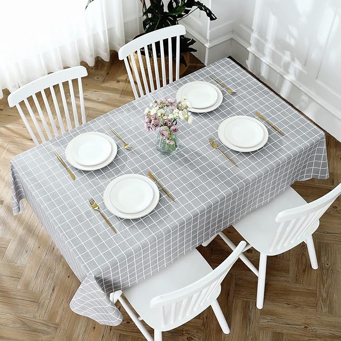 Romanstile Rectangle Vinyl Tablecloth, 100% Waterproof Oil-Proof Checkered Plastic Table Cloth, Heavy Duty Wipeable Table Covers for Dining, Camping, Picnic, Outdoor - 52 x 70 Inch, Grey