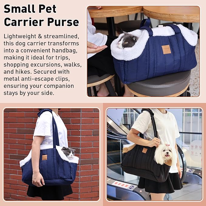 ETIAL Small Dog Carrier Purse, Winter Fleece Warm Dog Tote Bag Carrier with Secure Harness Clip for Puppy Kitten, Waterproof Pet Travel Handbag for Shopping, Hiking and Walking (Dark Blue)