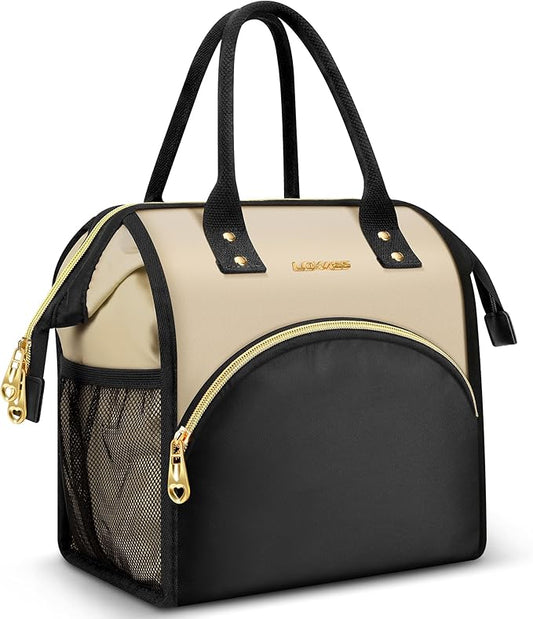 Lunch Bag Women Insulated Lunch Box Wide-Open Lunch Tote Bag Large Drinks Holder Durable Nylon Thermal Snacks Organizer for Men Adults Work Picnic Hiking Beach Fishing, Light Khaki+Black