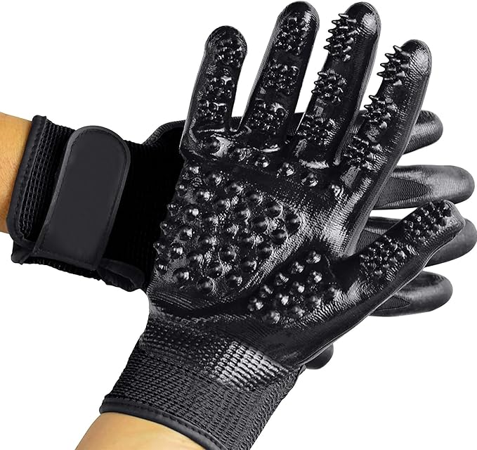 Dog Grooming Gloves – Shedding Gloves for Dogs, Cats & Horses – Pet Grooming Glove & Hair Remover – Dog Brush Glove for Bathing, Deshedding & Massage Mitt– Adjustable Fit (Blue&Black)