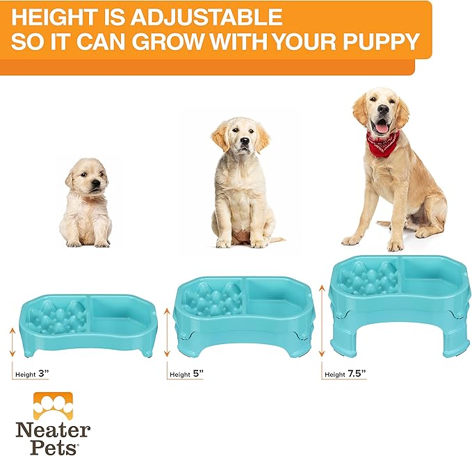 Neater Pet Brands – Neater Raised Slow Feeder Dog Bowl – Elevated and Adjustable Food Height - (Double Diner/w Metal Bowl, Aquamarine)