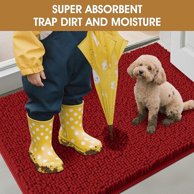 Extra Large Dog Door Mats for Muddy Paws, 71" x 25" Christmas Chenille Absorbent Mud Mat for Dogs, Non Slip Heavy Dog Rugs For Muddy Paws, Soft Indoor Door Mat for Entryway, Mud Paw, Inside Floor, Red