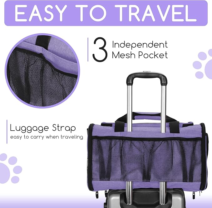 Pet Carrier for Cats & Small Dogs, Travel Carrier with Anti-Collapse Support, Chew Resistant Buckles, Luggage Sleeve, Multi-Pocket Storage, Reversible Mat & Bowl (Purple, Medium (17.5"x11"x11.5"))