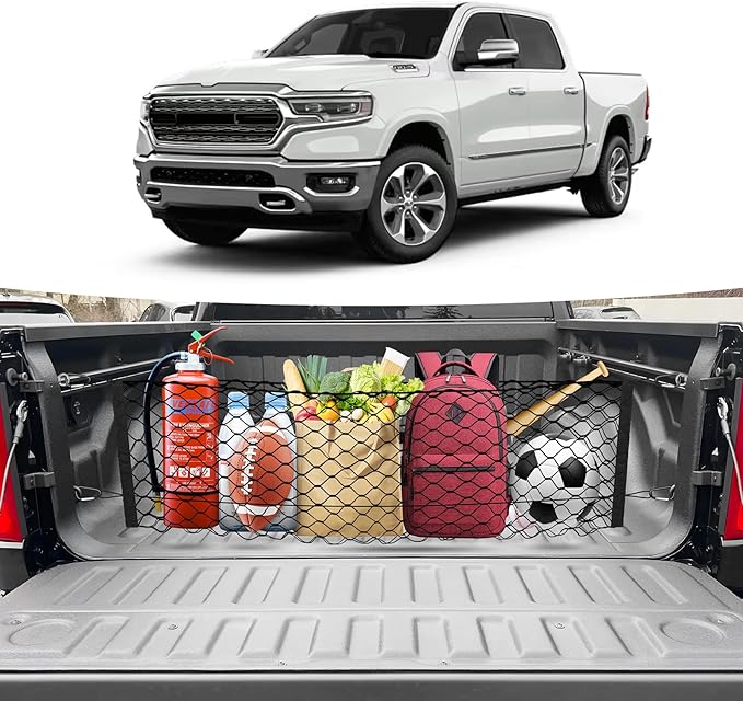 Truck Bed Cargo Net for 2019-2025 2026 Dodge Ram 1500 Accessories Envelope Style Mesh Trunk Net Organizer and Storage Stretchable Adjustable Elastic Nylon Rear Cargo Netting with Hooks