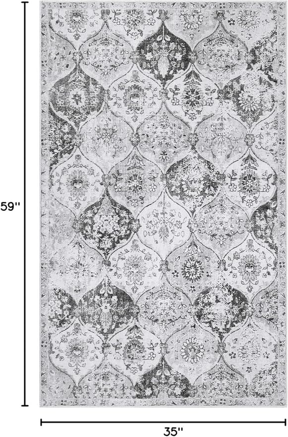 Lahome Moroccan Trellis Washable Small Area Rug, 3x5 Area Rug for Bedroom Living Room, Non-Slip Oriental Accent Throw Carpet for Kitchen Office Entryway Bathroom Office Elise, Silver/Grey