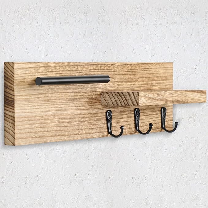 Lucundm Key Holder for Wall, Decorative Entryway Shelf with Hooks Holds Keys, Dog Leash, Sunglasses – Key Hanger with 3 Hooks Organizes, Enhances Home Decor (15” x 4.5” x 2.6”) (Wood)