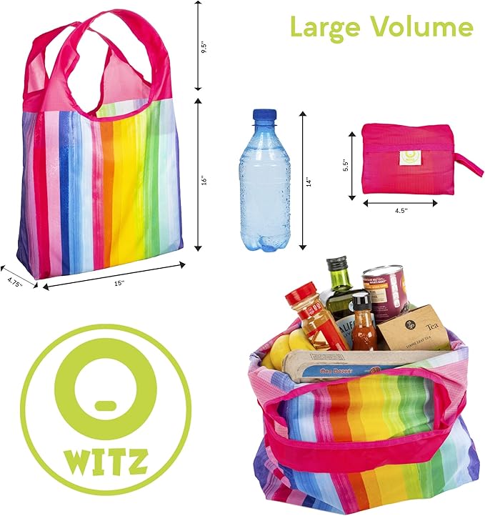 O-WITZ Reusable Grocery Bags | Vibrant Tote Bag For Groceries, Gym, Office Supplies, Beach, Toys & More | Washable Design With Large Handles For Maximum Convenience | Folds Into A Small Pouch, Rainbow