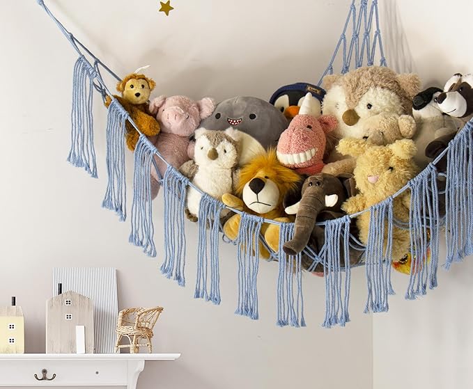 RelaxScene Stuffed Animal Hammock Corner Storage with LED Light - Bluey Room Decor for Girls - Teddy Bear Stuffy Hammock - Cute Blue Things for Bedroom - Wall Ceiling Hanging Decor