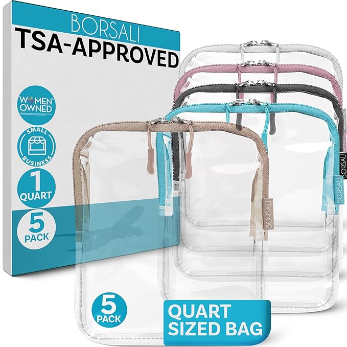 BORSALI TSA Approved Toiletry Bag - Clear Quart Size for 3-1-1 Carry On Travel - Makeup Organizer Cosmetic Pouch with Zipper - Travel Accessories - 5 Pack Colors
