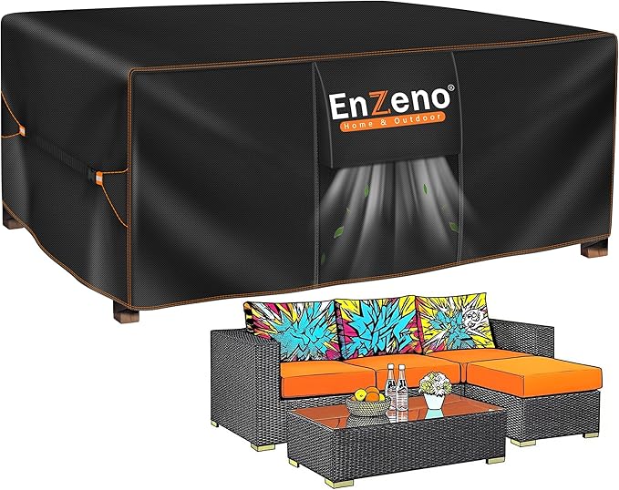 Enzeno Patio Furniture Set Cover, Outdoor Sectional Sofa Couch Set Covers Waterproof, Garden Dining Table Chair Set Cover Outside Rectangular Heavy Duty Weatherproof 90" L x 65" W x 28" H Black