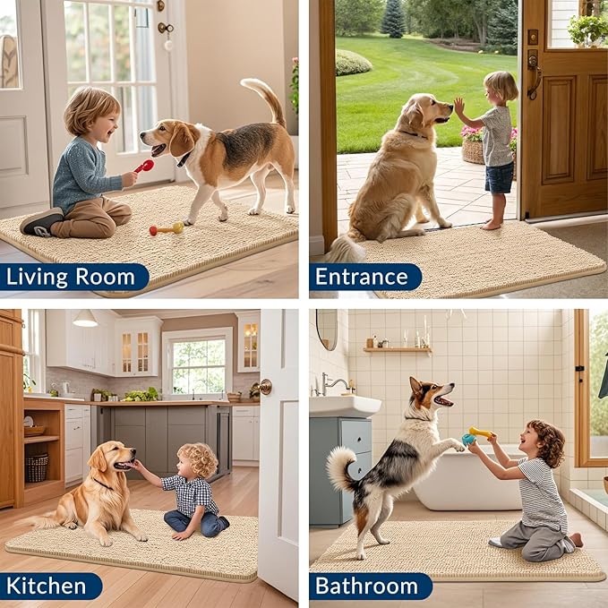 Smiry Dog Door Mat for Muddy Paws 44x24, Absorbs Moisture and Dirt Doormat, Non-Slip Washable Quick Dry Chenille Front Door Mat Indoor Entrance, Entryway Carpet for Inside Floor, Beige