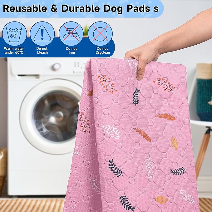 Sunheir Washable Pee Pads for Small Pet 5-Pack, Reusable Pet Training Pads Absorbent & Leak-Free, Waterproof Pee Pads for Dog Cat Rabbit Guinea Pig Hamster, Whelping Pad (Leaves - Pink, 12x12)