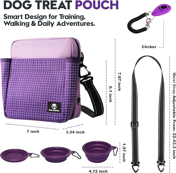 WILDOMS Dog Treat Pouch – Large Capacity with Magnetic Closure, Dog Walking Fanny Pack Built-in Poop Bag Dispenser, Clicker & Collapsible Bowl for Training & Walking - Purple