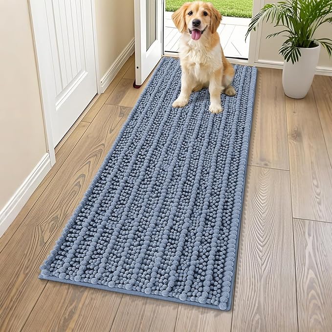 Smiry Dog Door Mat for Muddy Paws 59x24, Extra Soft Absorbent Chenille Doormat, Trap Moisture and Dirt, Non-Slip Machine Washable Front Door Mat for Indoor Entrance Inside Floor, Airy Blue