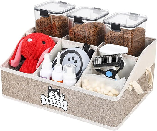 Dog Treat Container Basket for Countertop, Foldable Pet Toy Box for Living Room Area with Handles, Dog Storage Organizer with Removable Dividers for Treat Container, Leashes, Canned food (Brown)