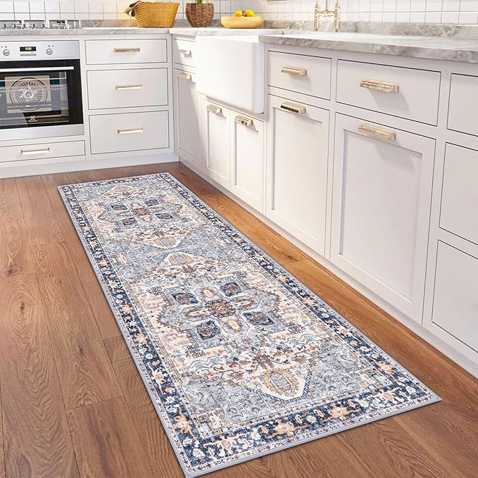 KOZYFLY Runners for Hallways 2x6 Ft Washable Kitchen Runner Rug Boho Runner Rug for Entryway Indoor Printed Oriental Faux Wool Floor Carpet Runner for Bedroom Kitchen Hall, Blue Gray/Cream