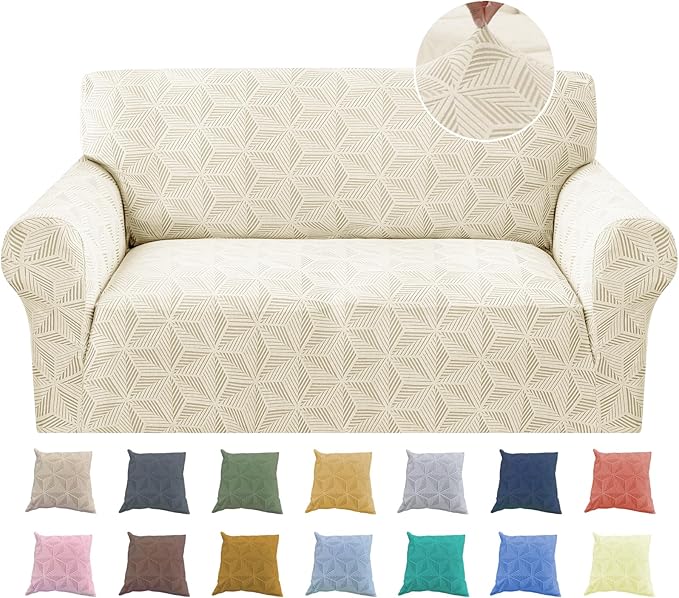 YEMYHOM 1 Piece Stretch Couch Covers for 2 Cushion Couch, Jacquard Loveseat Cover with Non-Slip Elastic Bottom, Thickened Slipcover Furniture Protector for Dogs Pets (Medium, Beige）