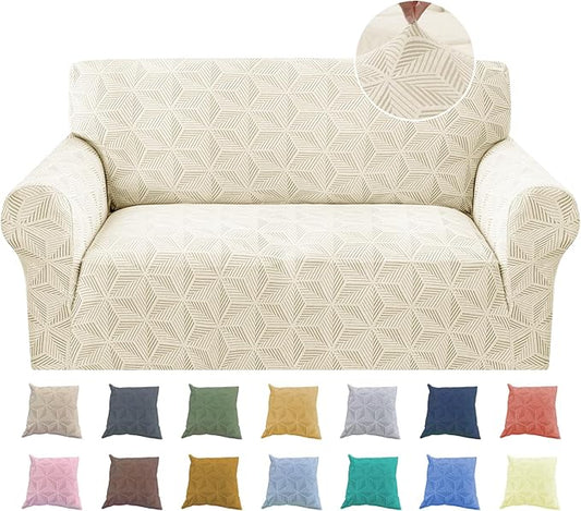 YEMYHOM 1 Piece Stretch Couch Covers for 2 Cushion Couch, Jacquard Loveseat Cover with Non-Slip Elastic Bottom, Thickened Slipcover Furniture Protector for Dogs Pets (Medium, Beige）