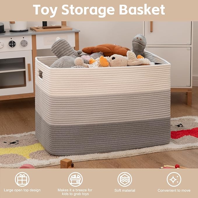 OIAHOMY 118L Extra Large Blanket Basket, Rectangle Woven Cotton Rope Storage Basket, Used for storing Dirty Clothes, Stuffed Animal Toy Storage for Living Room,Kids Room,25" x 17" x 16", Gradient Grey