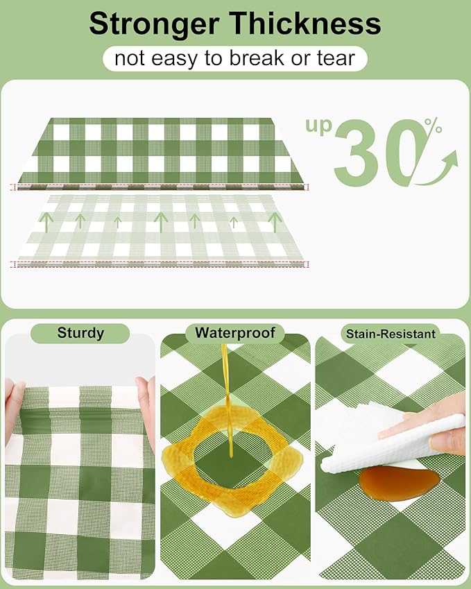 Smiry 12 Packs Gingham Disposable Table Cloth, 54 x 108 Inch Waterproof Plastic Tablecloth, Rectangle Sage Green and White Checkered Table Covers for Picnic, Birthday, Party