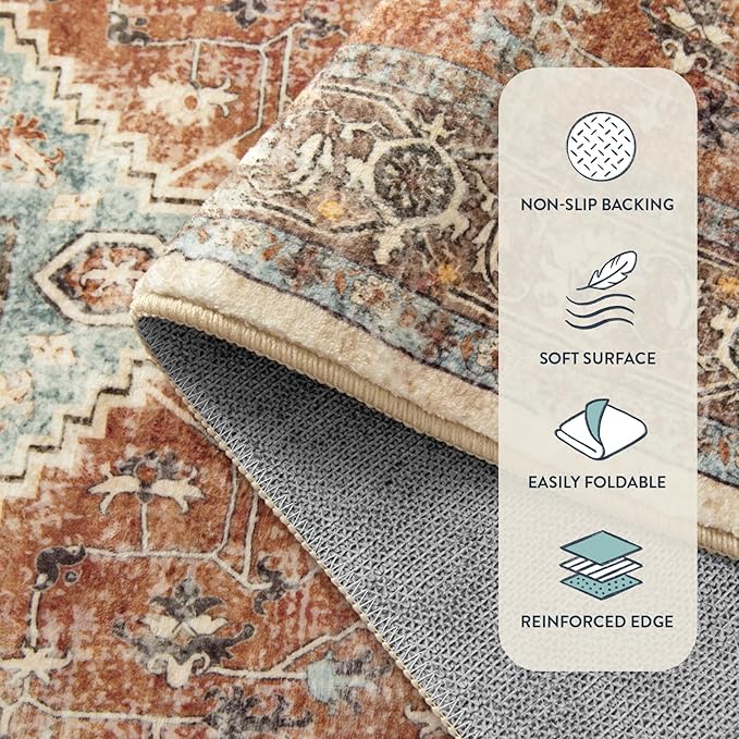 Lahome Oriental Hallway Runner Rug, 2.5x8 Kitchen Runner Non Slip Ultra-Thin, Soft Washable Hallway Rug Non Shedding Long Carpet for Entryway ‎Laundry Room Bathroom Eleanor, Orange/Multi