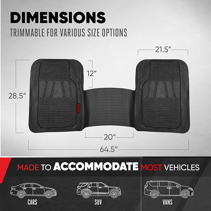 Motor Trend WingRunner Rubber Rear Floor Mats Liners for 2nd or 3rd Row, Back Row 1-Piece Heavy Duty All Weather Protection Universal Fit Designed to Fit Trucks Cars Sedans SUVs Easy to Clean - Black