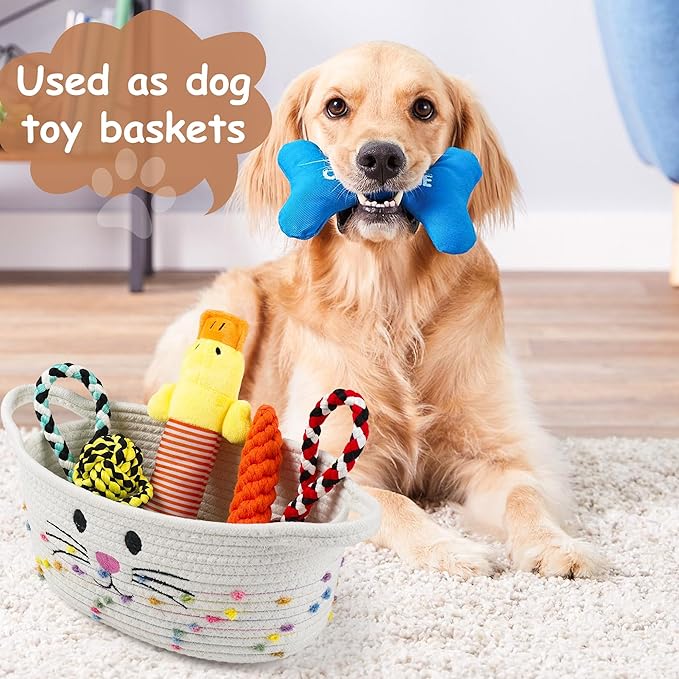 Small Woven Baskets for Organizing Rope with Handle Cute Cotton Basket for Nursery Gift Dog Cat Toy Storage Basket for Toy Organizer-White