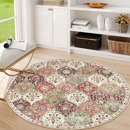 Lahome Moroccan Trellis Washable Round Area Rug, Round Rug 5ft Soft Non-Slip, Non-Shedding Distressed Circle Carpet for Bedroom Living Room Bathroom Nursery Elise, Orange/Terracotta