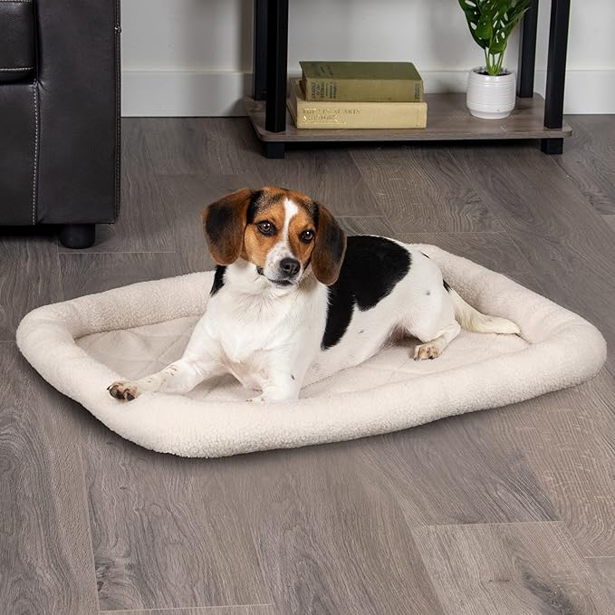 Furhaven Dog Bed for Medium/Small Dogs & Indoor Cats, 100% Washable, Sized to Fit Crates - Sherpa Fleece Bolster Crate Pad - Cream, Medium