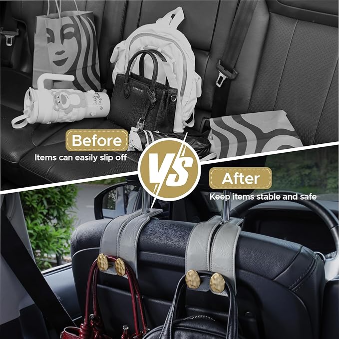 4 PCS Leather Car Seat Hooks for Headrest, Vehicle Hanger Storage Organizer Universal for Handbag Purse, Car Accessories Gift (Grey-Gold-4 PCS)