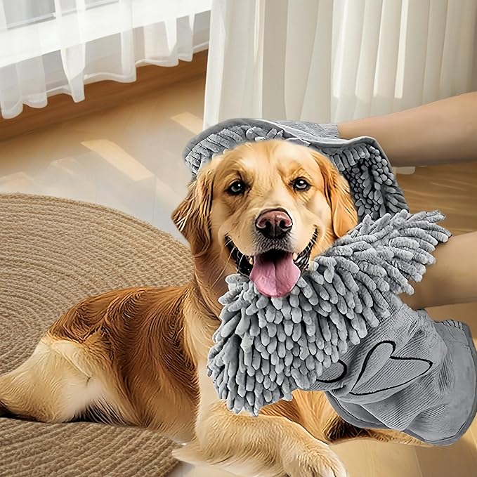 4-in-1 Dog Bath Towel & Grooming Kit, 30 × 12.6 in Ultra Absorbent Microfiber Dog Bath Towel with Hand Pockets, Silicone Bath Gloves, Finger Toothbrush, and Handheld Deshedding Brush for Dogs & Cats
