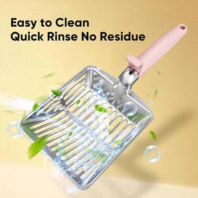 KooMooM Metal Cat Litter Scoop, Large Cat Scooper with Deep Shovel & Dual Sifting Holes for Fast & Precise Sifting, Space Aluminum Kitty Litter Scooper with Long Handle & Easy-to-Hang Hook - Pink