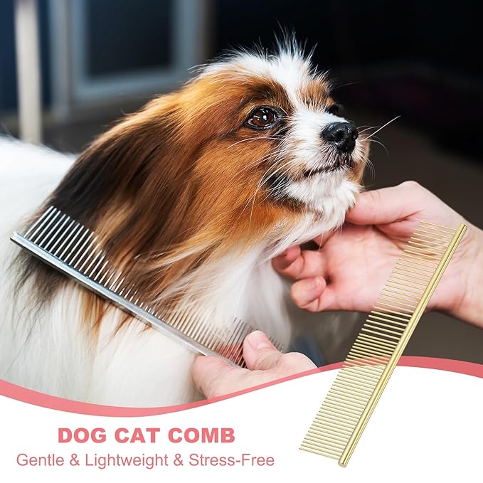 PETAXCELL Dog Cat Comb, Pet Combs Stainless Steel Teeth with Rounded Ends for Knots Mats Loose Hair Removal, 7.5IN (Gold Plated, 3 Pack), Grooming Tool Intended for Long Curly Hair Pet