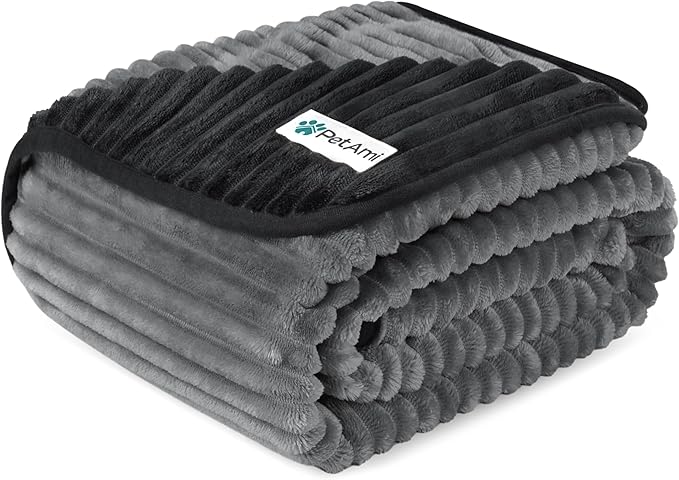 PetAmi Waterproof Dog Blanket, Leakproof Pet Blanket for Small Medium Large Dogs, Reversible Furniture Bed Sofa Couch Cover Protector, Plush Striped Pet Throw for Indoor Cat, 40x60 in, Black Grey
