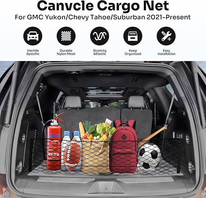 Cargo Net for Chevy Suburban Tahoe GMC Yukon&Yukon XL Cadillac Escalade 2021–2025 2026 Envelope Style Heavy Duty Elastic Mesh Trunk Cargo Organizer Easy Install Storage Net with Hooks