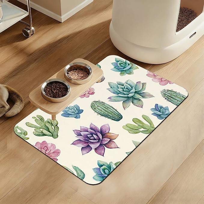 Cactus Flower Pet Feeding Mat for Floors–Absorbent Quick Dry Dog Cat Bowl Mat for Food and Water, Non Slip Waterproof Base, Mess-Free Feeding Accessories 12"x20"