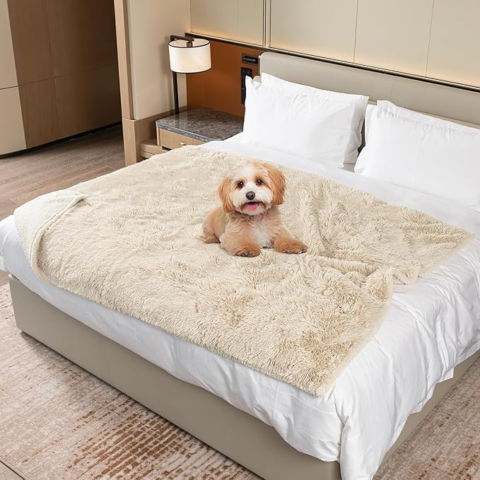 Wowchine Waterproof Calming Dog Blanket Cream Long Faux Fur Pet Throw Blankets for Medium Dogs Cats Couch Sofa Covers Love Bed Cover Washable(Cream,L-65x57in)