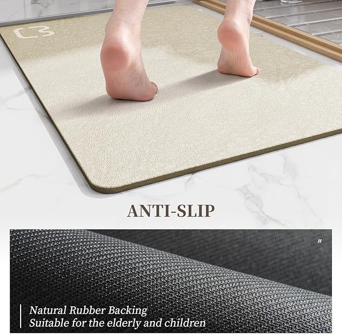2 Piece Bathroom Mat Rugs Set - Quick Dry Absorbent Diatomaceous Earth Bath Mat Non-Slip Bathroom Floor Mat with Rubber Backing, Thin Bathroom Rugs Fit Under Door, 15.7x23.6+15.7x47.2 Inch, Beige