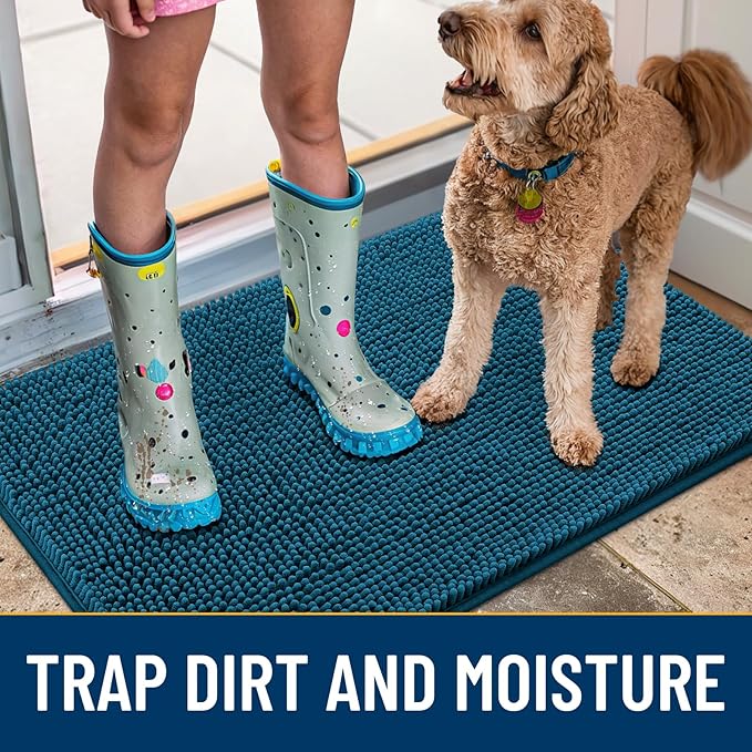 Smiry Dog Door Mat for Muddy Paws 59x35, Absorbs Moisture and Dirt Doormat, Non-Slip Washable Quick Dry Chenille Front Door Mat Indoor Entrance, Entryway Carpet for Inside Floor, Atlantic Blue